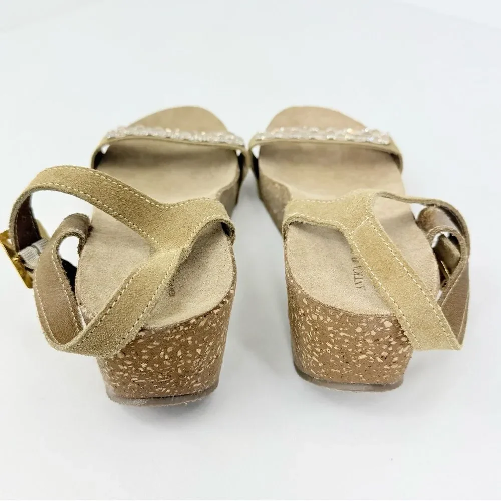 Antica Cuoieria Tan Suede Rhinestone Sparkle Open Toe Cork Wedge Sandals